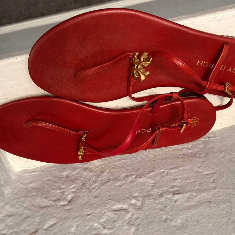 Tory Burch Red and Gold Sandals with Glossy Finish